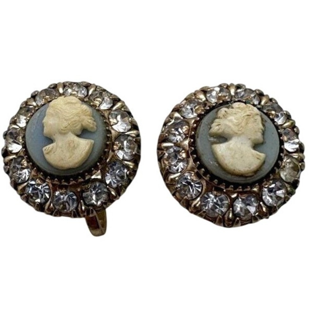 Vintage Blue Cameo Clear Rhinestone Gold Tone Screw Back Earrings 1960s Retro